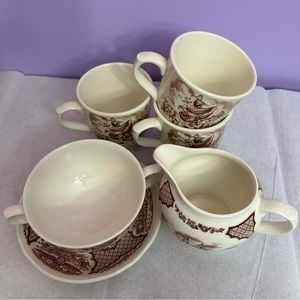 Vintage Alfred Meakin Fair Winds Sugar bowl, underplate, Creamer, 3 cups Set,